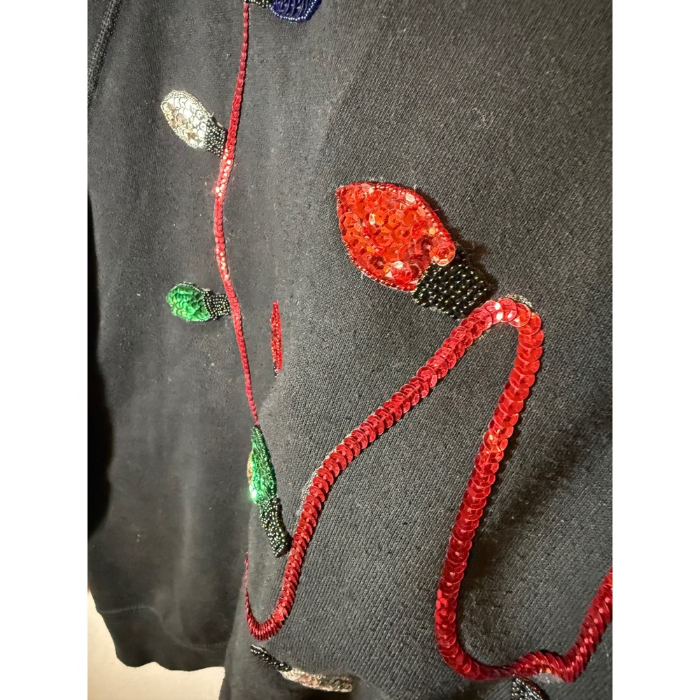 Vintage Lee Christmas Lights Sequin Beaded Sweatshirt Black 2XLT Made in USA - Picture 3 of 10
